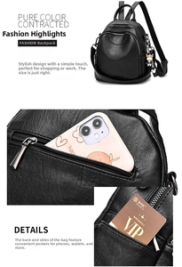 Detail of multi-pocket soft black leather backpack with anti-theft design and card holder