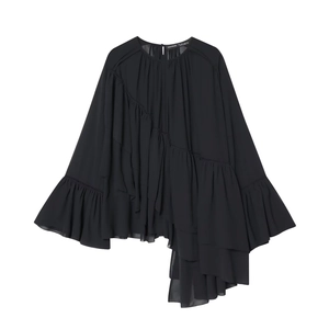 Women's black long sleeve chiffon blouse with asymmetrical ruffles and irregular hemline