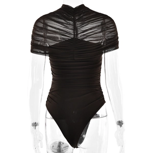 Rear view of black high neck bodysuit with pleated mesh sleeves and sheer back panels