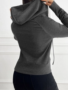 Detail view showing back of grey hooded sweatshirt with premium ribbed texture and cuffs