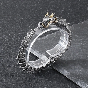 Men Retro Punk Dragon Bracelet Stainless Steel Vintage Gothic Animal Chain Bracelet With Gold Horns And Green Eyes