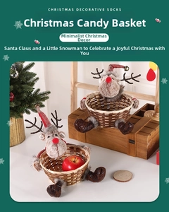 Close-up of woven Christmas candy basket featuring a plush reindeer decoration