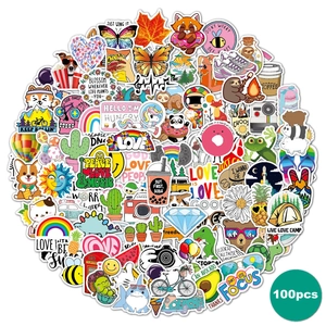 Detailed pile of 100pcs waterproof VSCO vinyl stickers with cute cartoon designs