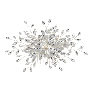 Macro detail of bridal hair comb with marquise crystals and silver woven wire branches