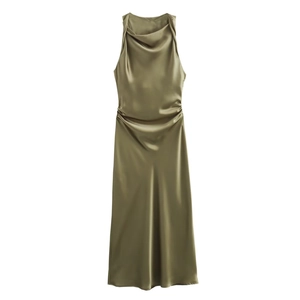 Olive green sleeveless satin midi dress with cowl neck and elegant silky texture