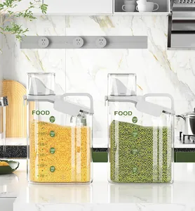 Transparent food container with measuring cup lid and handle for cereal storage