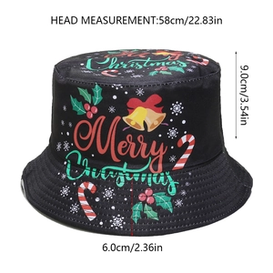 Detail view of black Christmas bucket hat showing dimensions 58cm and festive holiday prints