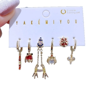 6-piece gold superhero-themed earring set with colorful zircon and gemstone accents
