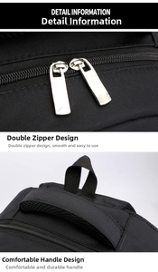 Detail of dual metal zippers and thick breathable padded handle on black business backpack