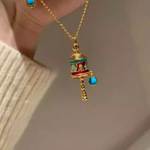 Ethnic Tibetan Prayer Wheel Pendant Necklace Copper Enamel Turquoise Blue Retro Jewelry For Women