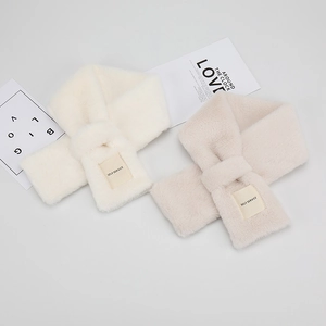 Soft faux rabbit fur winter scarf in white and beige with self service label