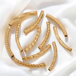 18K gold plated stainless steel embossed curved tube beads for DIY jewelry making
