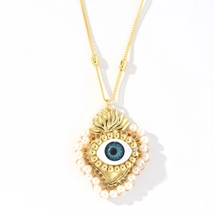 18k gold heart evil eye pendant necklace with white pearls and bead chain for women