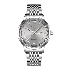 Silver stainless steel automatic mechanical watch for men with Roman numeral dial and day-date display