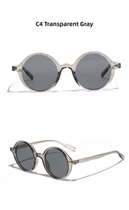 Detail of transparent grey round frame sunglasses with model specifications on the temple