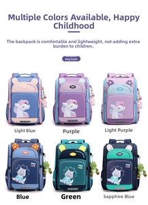 Array of colorful unicorn and dinosaur backpacks for primary school boys and girls