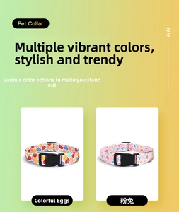 Detail of pet collars featuring Easter egg and pink rabbit patterns with metal D-rings