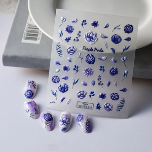 Stickers ongles 5D embossés aux motifs d'herbes violettes et fleurs en relief