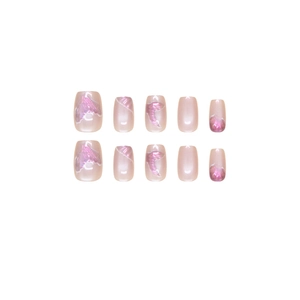 Short ballet press-on nails with purple mermaid fish tail design and pearl luster