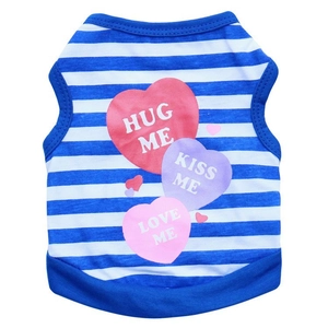 Blue and white striped pet vest for small dogs featuring colorful Hug Me heart prints
