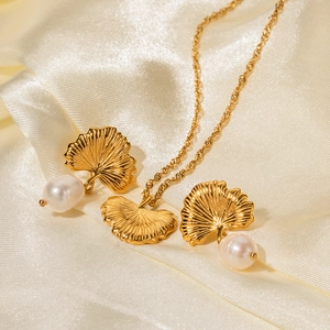 18k gold plated stainless steel ginkgo leaf jewelry set with freshwater pearls