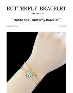 Close-up of double-layer titanium steel butterfly bracelet with white shell inlay