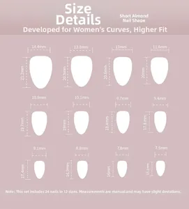 Size chart for 24pcs short almond gradient blue press-on nails with 12 precise dimensions