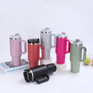 40oz stainless steel vacuum insulated tumblers with handles and straws in multiple colors