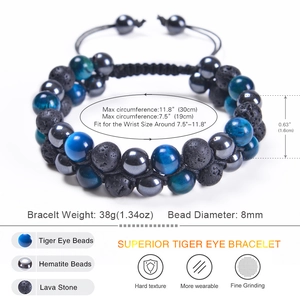 Double-layered braided blue tiger eye and lava stone bead bracelet for men and women