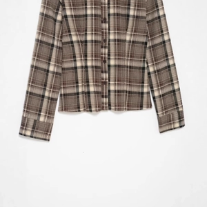 Slim fit long sleeve plaid shirt for women in coffee and grey checkered pattern