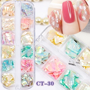 Irregular thin shell flake nail art set in 12 colors with pearlescent rainbow luster