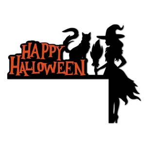 L-shaped Halloween door corner decoration featuring a black cat, witch, and Happy Halloween text
