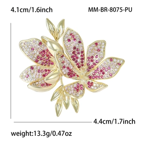 Elegant floral brooch with pink and white micro-set zircons on golden metal base