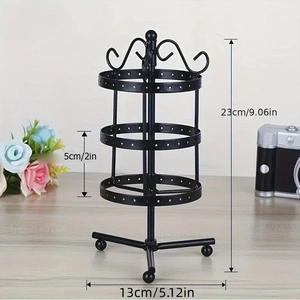 Black 3-tier rotating metal earring stand display with 23cm height dimension details