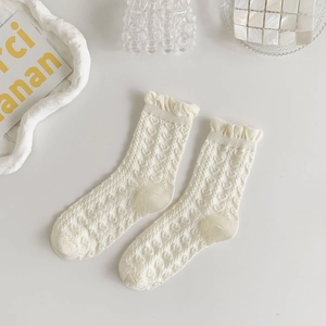Macro detail of white crew socks featuring heart jacquard patterns and ruffled lace edges
