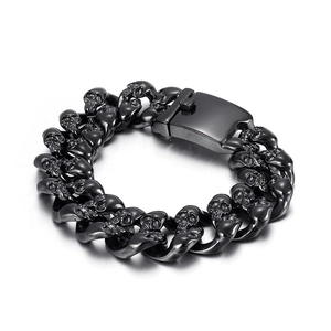Men's punk skull link bracelet in matte black stainless steel with a secure box clasp