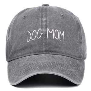 Vintage charcoal grey washed cotton baseball cap with white DOG MOM embroidery on front