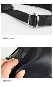 Detail showing adjustable metal buckle strap and soft leather texture of the waist bag