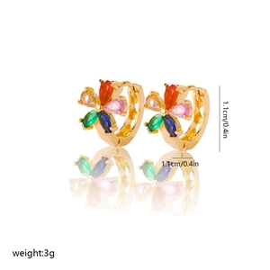 Detail of 1.1cm gold hoop earrings featuring multi-colored zircon flower petals