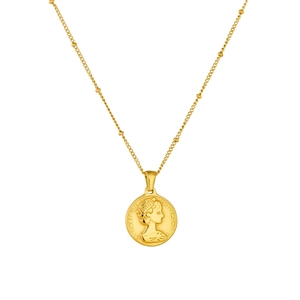Vintage gold coin necklace with Elizabeth II relief and delicate satellite bead chain