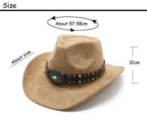 Size chart for faux suede western cowboy hat with crown height and brim width specs