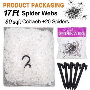 Stretchable 17ft Halloween spider web set with 20 black spiders and ground stakes included