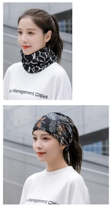 Detail of versatile neck gaiter worn as a headband and scarf with tropical leaf pattern