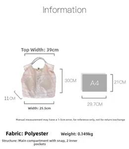 Tableau des tailles du sac cabas brodé rose avec dimensions et comparaison format A4