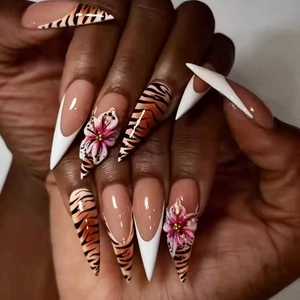 Press On Nails Long Almond French Tip Camellia Flower Zebra Print Abs Removable Fake Nails With Glue For Women