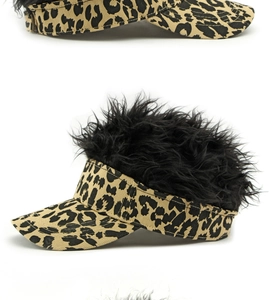 Detail of adjustable leopard print visor hat featuring spiky black wig hair on top