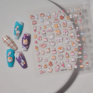 Detail of FEB-763 5D embossed nail stickers featuring cute bear and dessert patterns