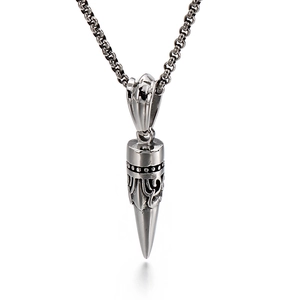 Retro mens stainless steel bullet pendant necklace with intricate vintage engraving