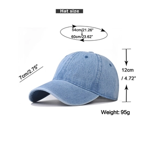 Detailed size guide of light blue washed denim baseball cap with measurements