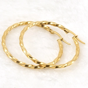 Polished 18K gold plated stainless steel twisted hoop earrings with textured spiral design